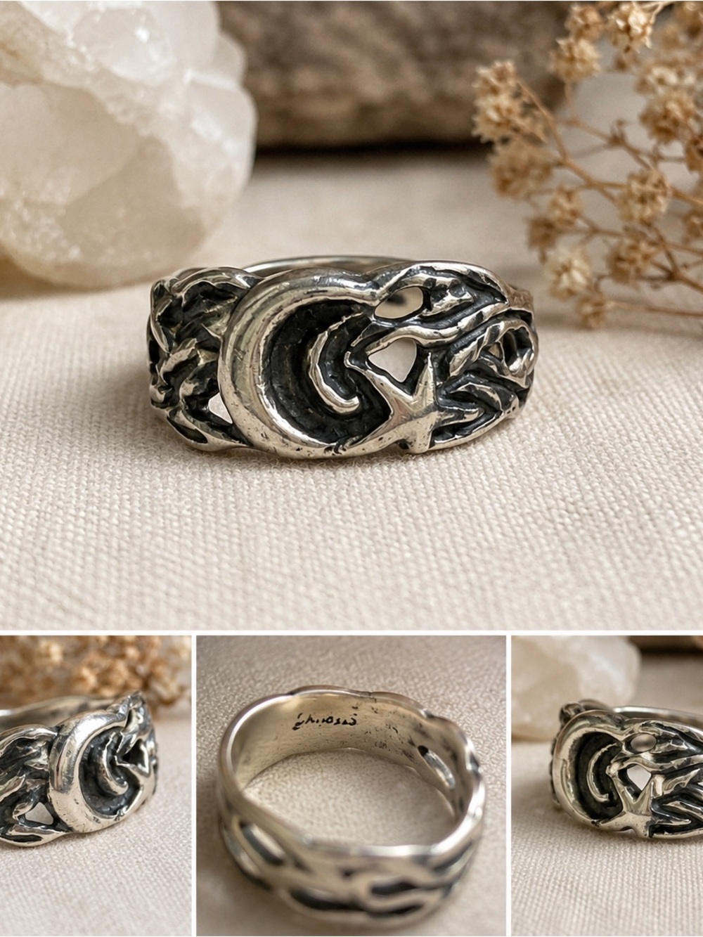 Artisan Sterling Silver Moon & Star Ring | Hand Cast | Size 4 Celestial Fantasy